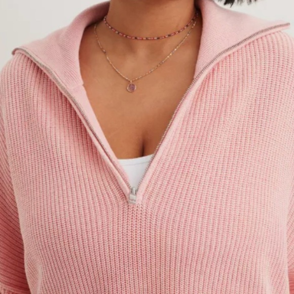 Aerie Women’s Beyond Quarter Zip Oversized 100% Cotton Pink Sweater, Size Small - Picture 4 of 11